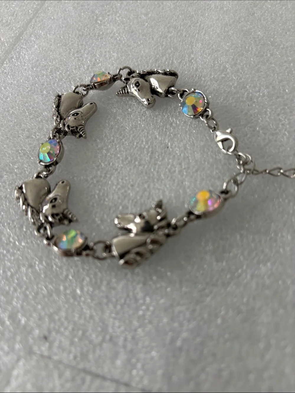Unicorn Charm Bracelet with Iridescent Crystals - Silver